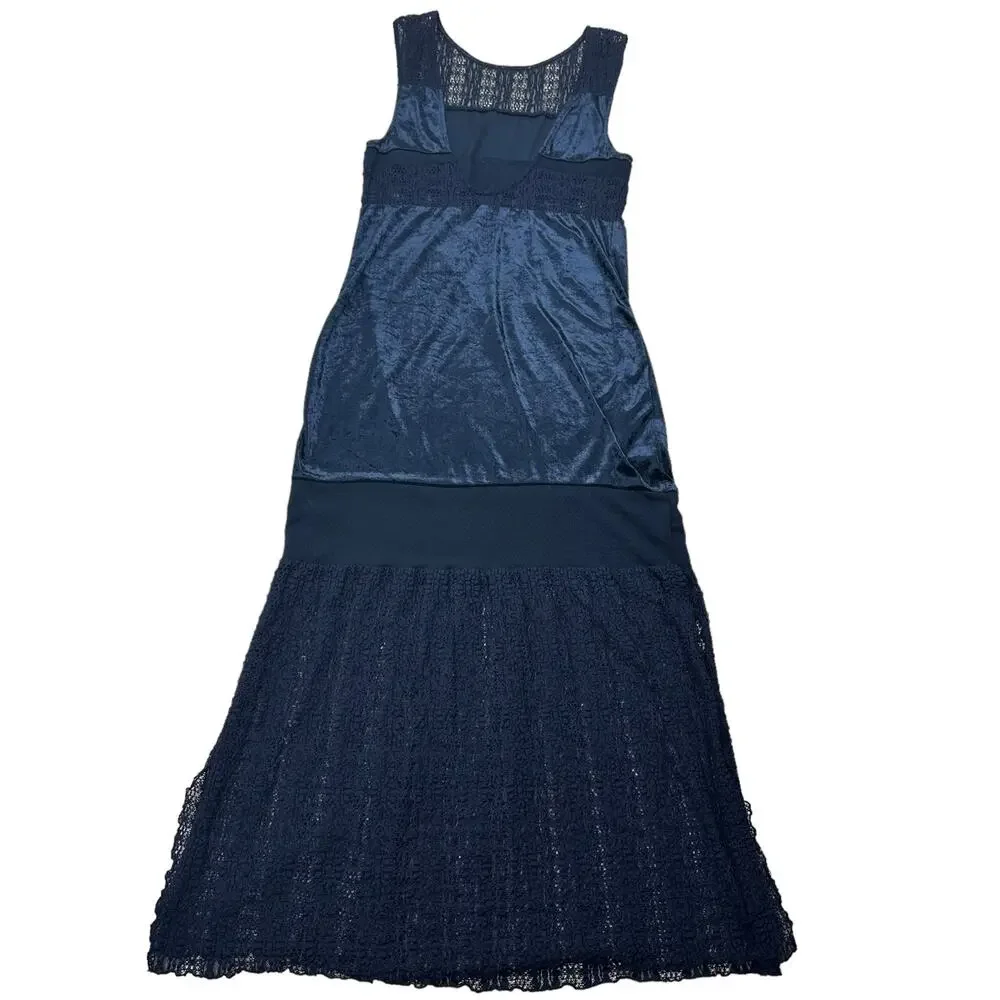 Free People Crushed Velvet Sheer Lace Blue Maxi Dress Large Fairy Witchy Gothic - Picture 3 of 16